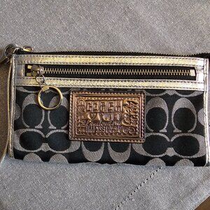 Coach Signature Wristlet – Black & Silver Metallic Trim